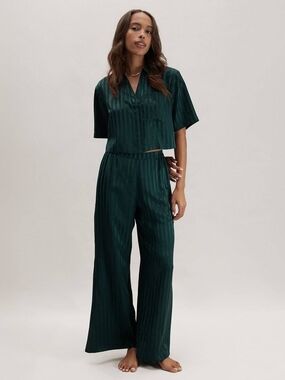 Lunya Deep Green Striped Silk Jacquard Pajamas Size XL